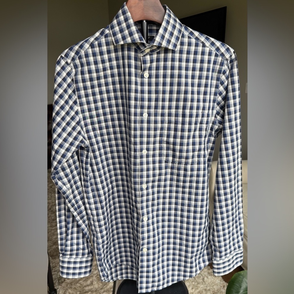 Pronto Uomo 14.5 32/33 Navy Plaid Slim Fit Spread Collar Dress Shirt Non-Iron - Picture 1 of 6